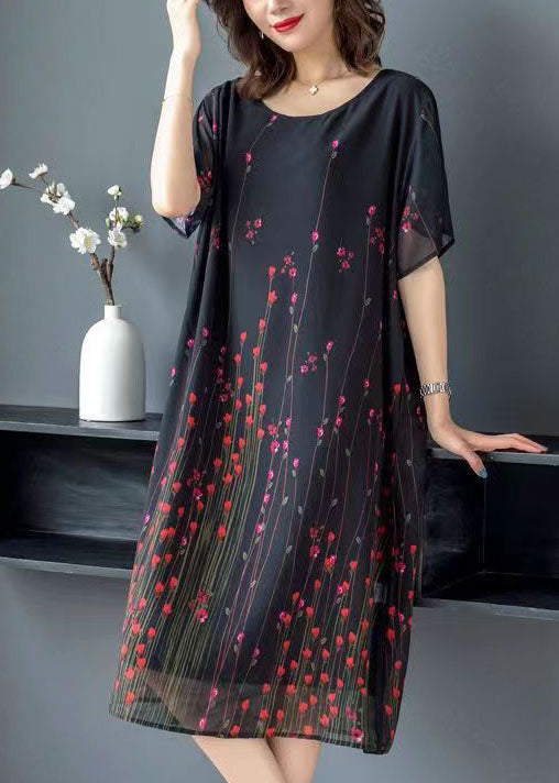 Art Black O Neck Print Patchwork Chiffon Mid Dress Summer Ada Fashion