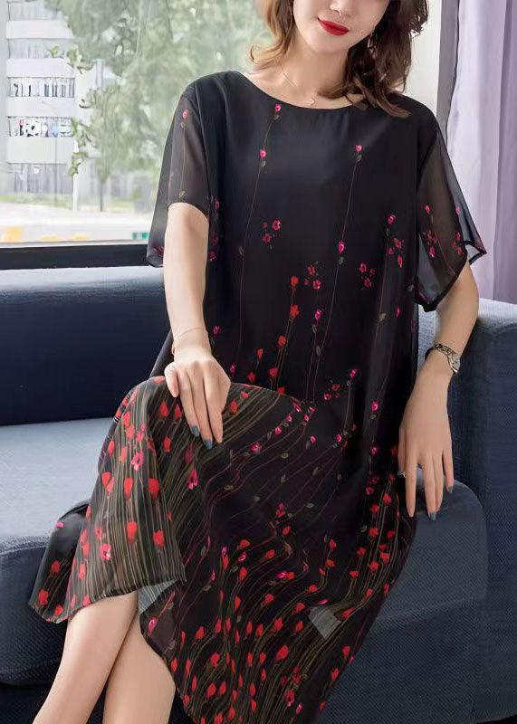 Art Black O Neck Print Patchwork Chiffon Mid Dress Summer Ada Fashion