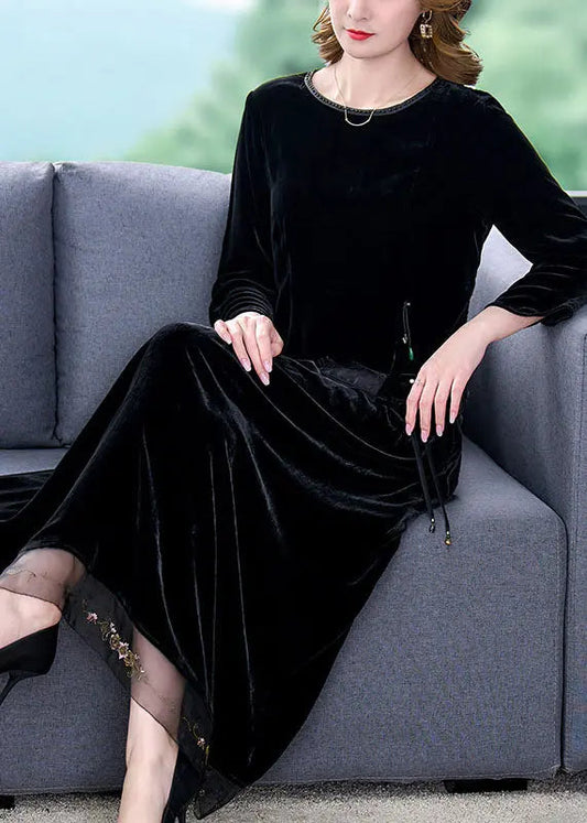 Art Black O-Neck Tulle Patchwork Silk Velour Top And Maxi Skirts Two Pieces Set Long Sleeve Ada Fashion