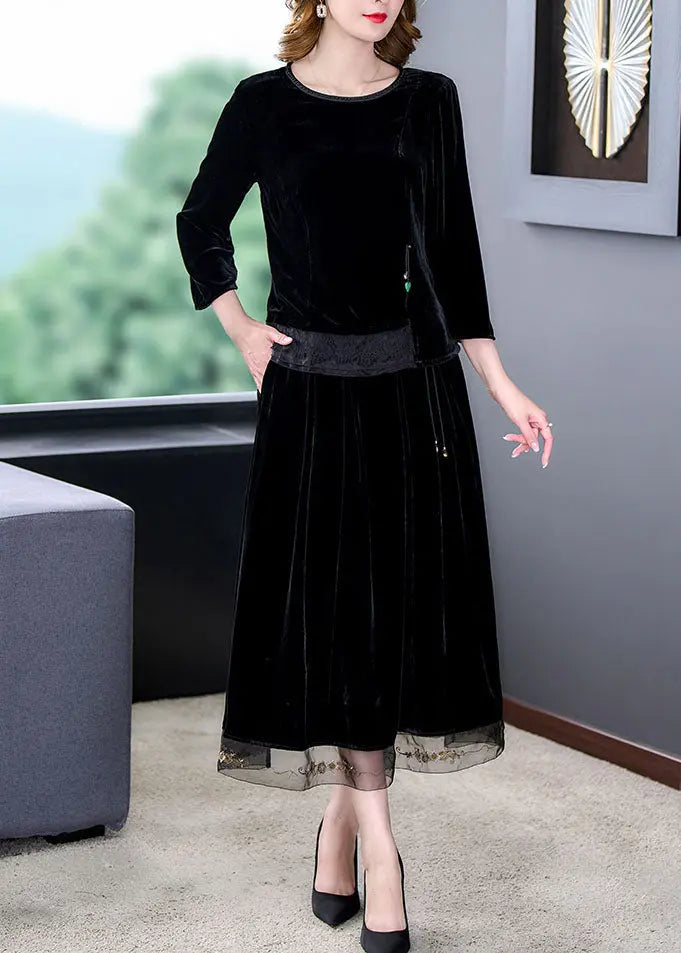 Art Black O-Neck Tulle Patchwork Silk Velour Top And Maxi Skirts Two Pieces Set Long Sleeve Ada Fashion