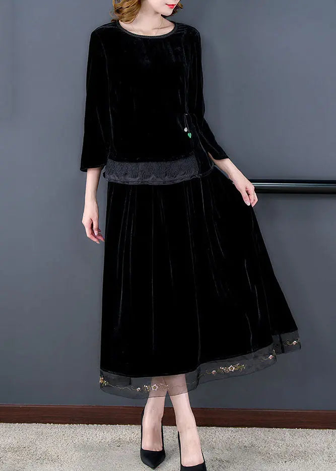 Art Black O-Neck Tulle Patchwork Silk Velour Top And Maxi Skirts Two Pieces Set Long Sleeve Ada Fashion