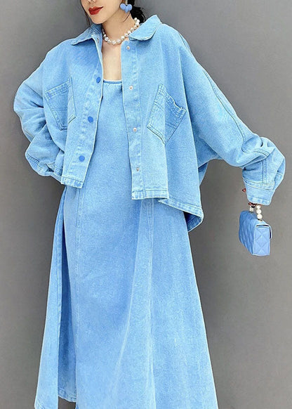 Ensemble deux pièces en denim avec manteau et robe patchwork à col Peter Pan bleu Art Printemps