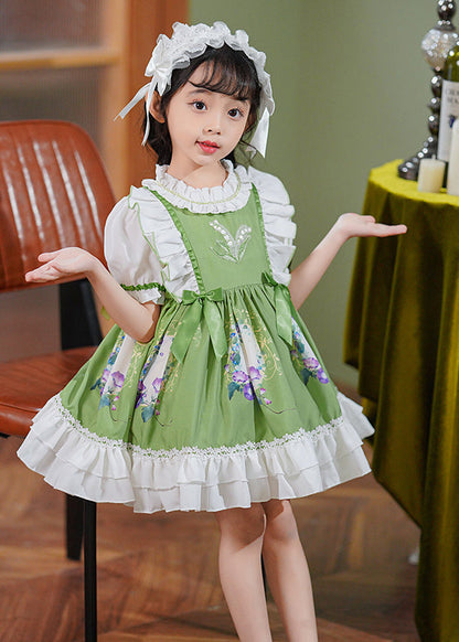 Robe longue d'été en coton à volants et nœud en patchwork vert pour bébé fille