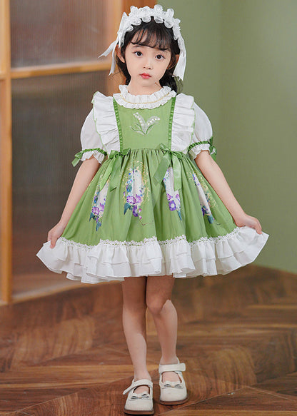 Robe longue d'été en coton à volants et nœud en patchwork vert pour bébé fille