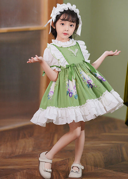 Robe longue d'été en coton à volants et nœud en patchwork vert pour bébé fille