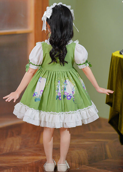 Robe longue d'été en coton à volants et nœud en patchwork vert pour bébé fille