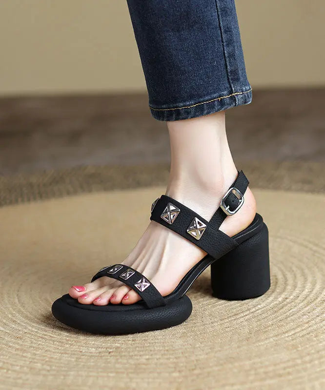 Art Rivet Buckle Strap Splicing Chunky Sandals Black Cowhide Leather Ada Fashion
