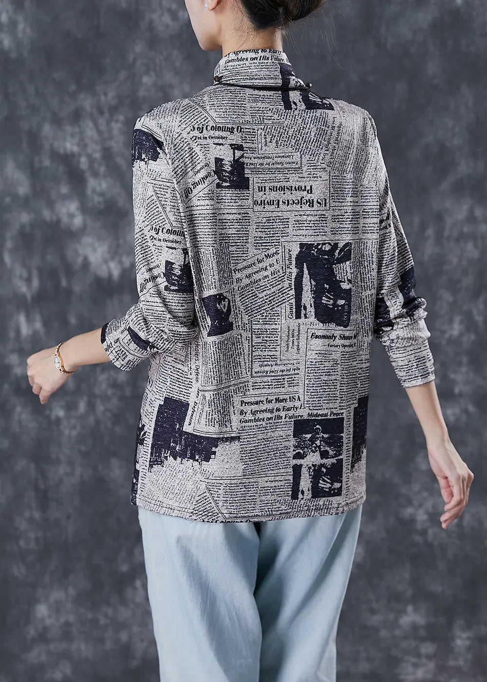 Art White Turtle Neck Newspaper Print Warm Fleece Shirt Winter Ada Fashion