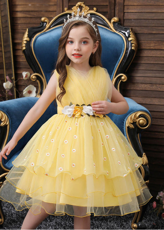 Art Yellow Embroideried Daisy Tulle Baby Girls Party Dress Summer