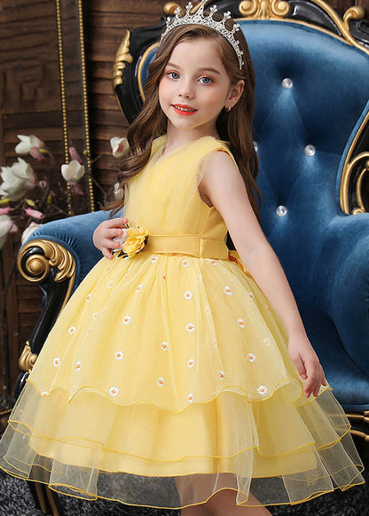 Robe de soirée d'été en tulle brodée de marguerites jaune pour bébé fille