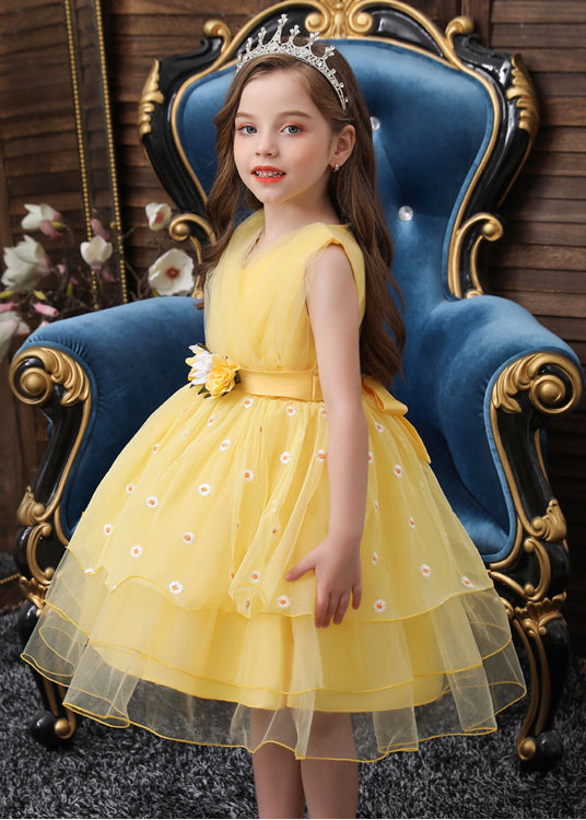 Art Yellow Embroideried Daisy Tulle Baby Girls Party Dress Summer