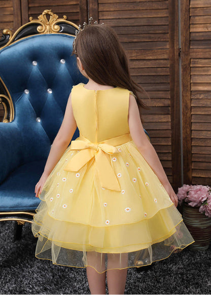 Robe de soirée d'été en tulle brodée de marguerites jaune pour bébé fille