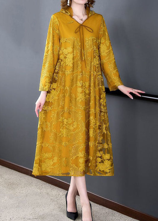 Art Yellow Hooded Embroideried Patchwork Silk Dress Spring LY4614