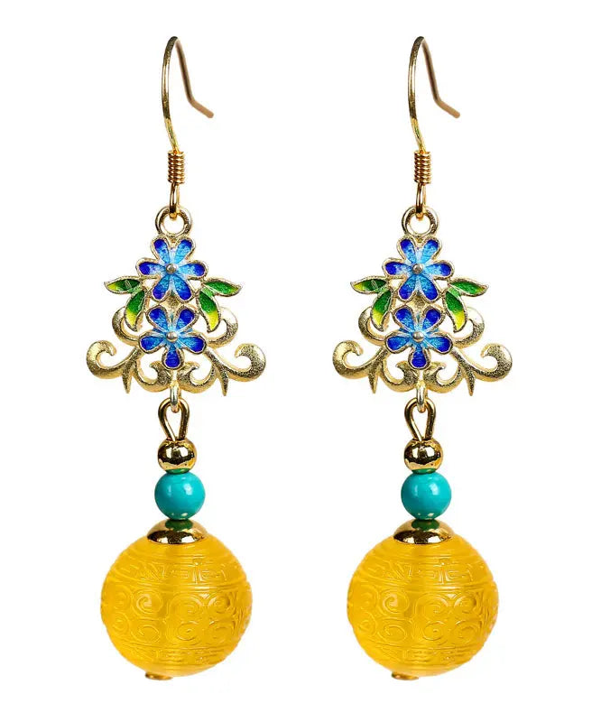 Art Yellow Sterling Silver Inlaid Amber Turquoise Floral Drop Earrings Ada Fashion