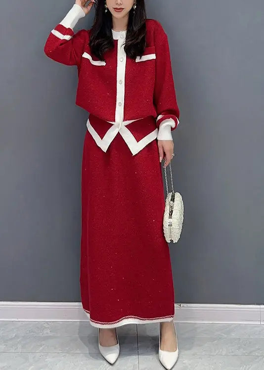 Autumn New Versatile Red Small Fragrant Coat And Skirts Two Piece Set Ada Fashion