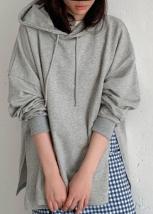 Baggy Grey Hooded Side Open Cotton Sweatshirts Top Spring LY1979