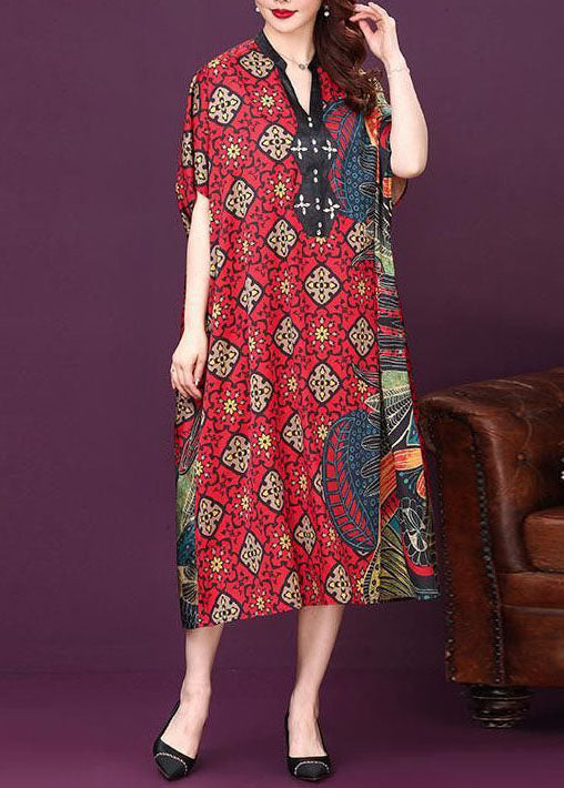 Baggy Red V Neck Print Silk Dresses Summer LY2223