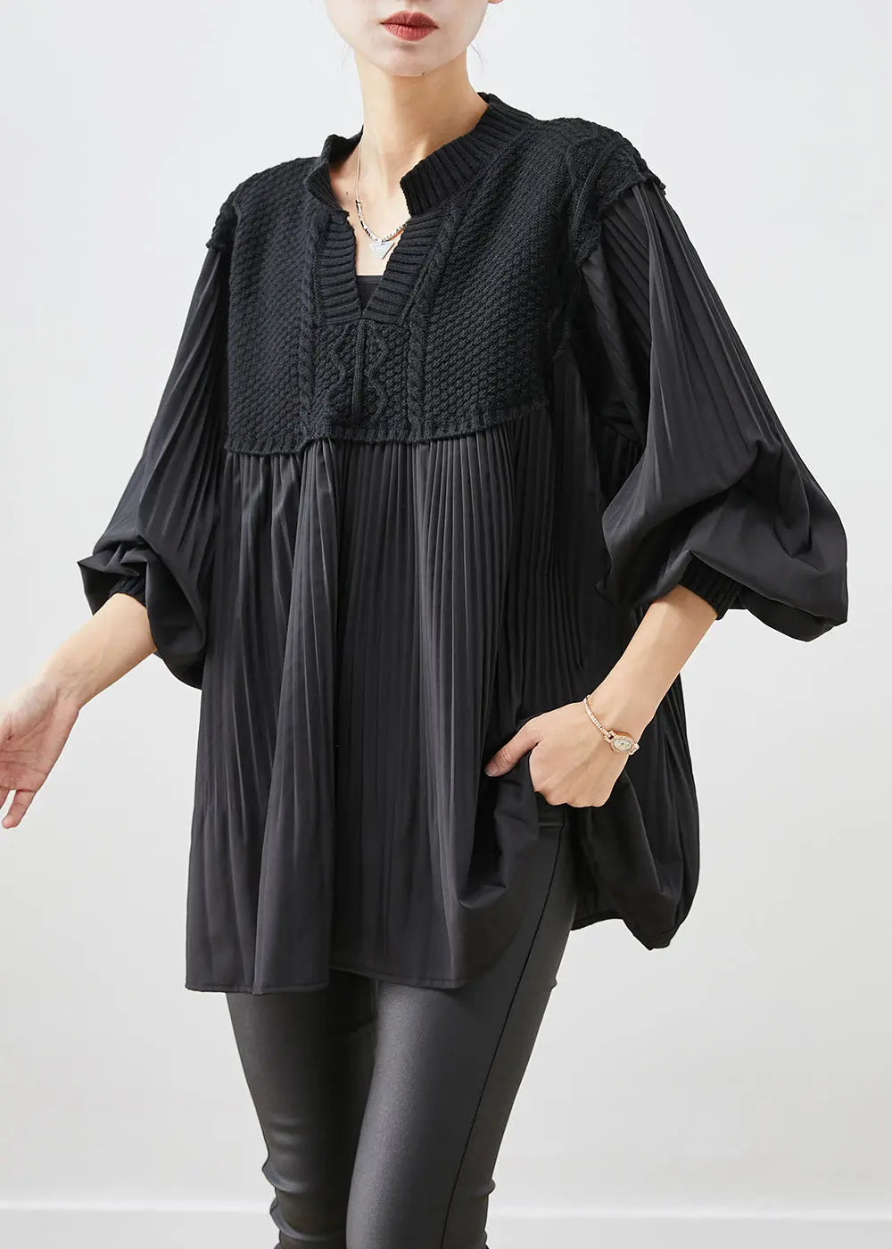 Beautiful Black Oversized Patchwork Wrinkled Tops Lantern Sleeve Ada Fashion