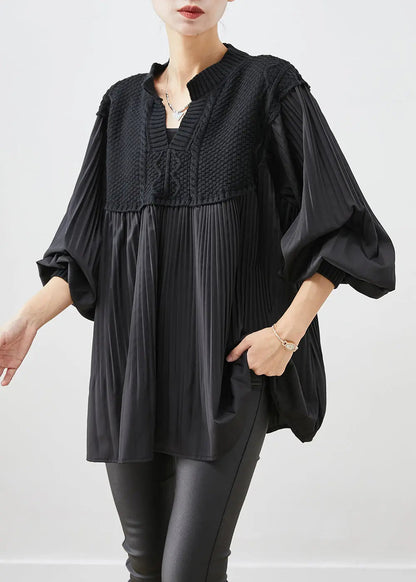 Beautiful Black Oversized Patchwork Wrinkled Tops Lantern Sleeve Ada Fashion