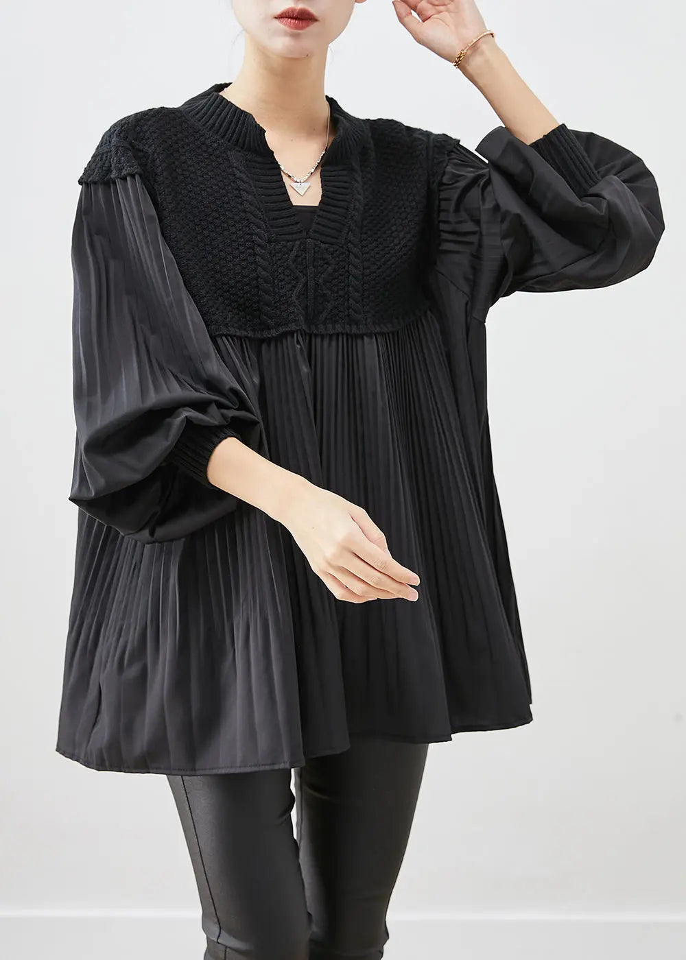 Beautiful Black Oversized Patchwork Wrinkled Tops Lantern Sleeve Ada Fashion
