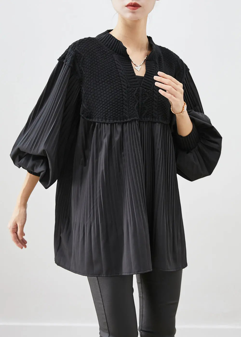 Beautiful Black Oversized Patchwork Wrinkled Tops Lantern Sleeve Ada Fashion