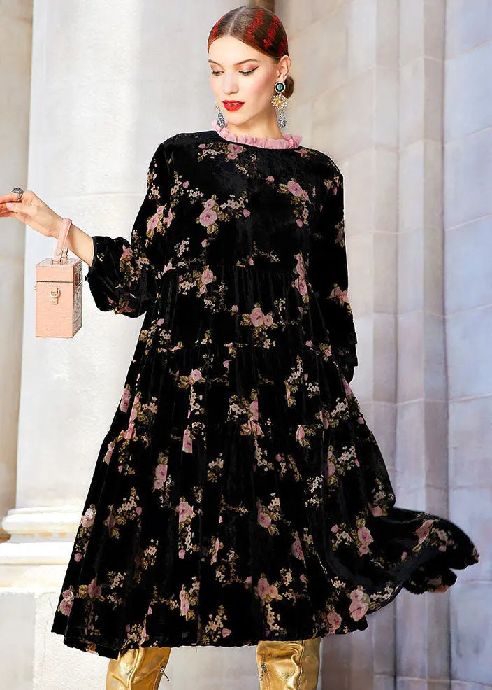 Beautiful Black Ruffled Print Wrinkled Silk Velour Long Dress Fall Ada Fashion