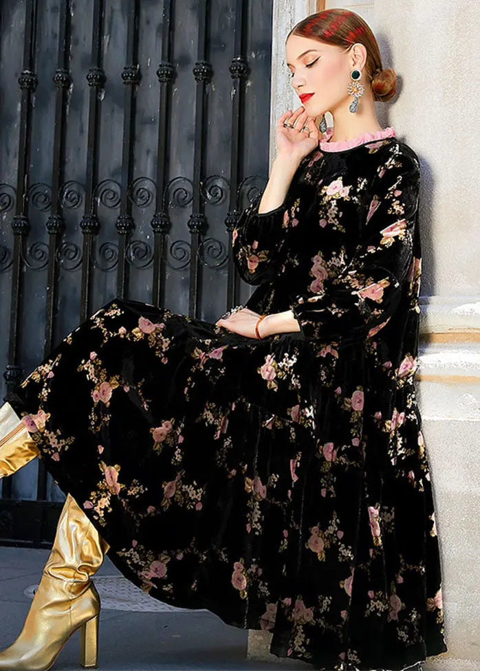 Beautiful Black Ruffled Print Wrinkled Silk Velour Long Dress Fall Ada Fashion