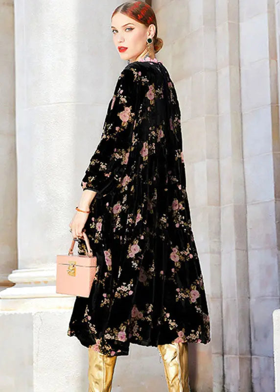 Beautiful Black Ruffled Print Wrinkled Silk Velour Long Dress Fall Ada Fashion