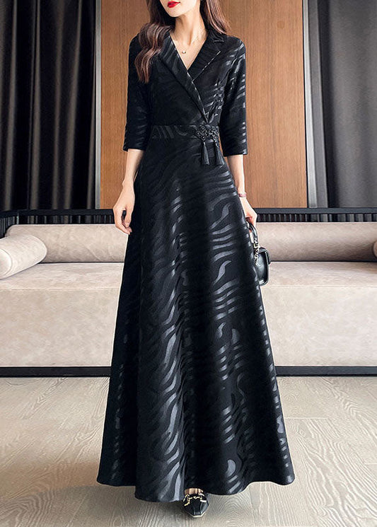 Beautiful Black Striped Patchwork Tie Waist Silk A line Long Dresses Half Sleeve Ada Fashion