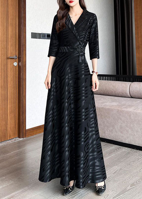 Beautiful Black Striped Patchwork Tie Waist Silk A line Long Dresses Half Sleeve Ada Fashion