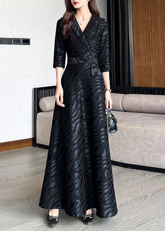 Beautiful Black Striped Patchwork Tie Waist Silk A line Long Dresses Half Sleeve Ada Fashion