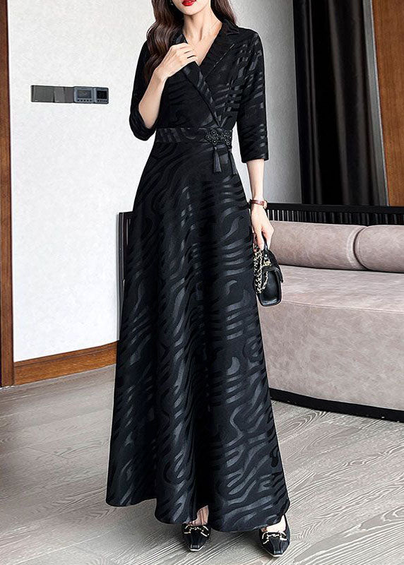 Beautiful Black Striped Patchwork Tie Waist Silk A line Long Dresses Half Sleeve Ada Fashion