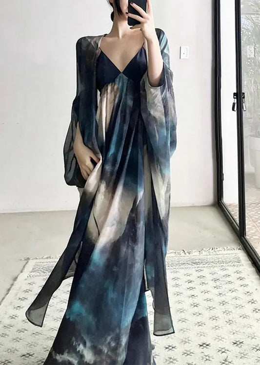 Beautiful Blue Cardigans And Spaghetti Strap Dresses Chiffon Two Piece Suit Fall Ada Fashion