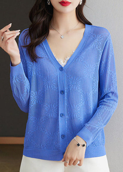 Beautiful Blue V Neck Hollow Out Patchwork Thin Knit Cardigan Fall Ada Fashion