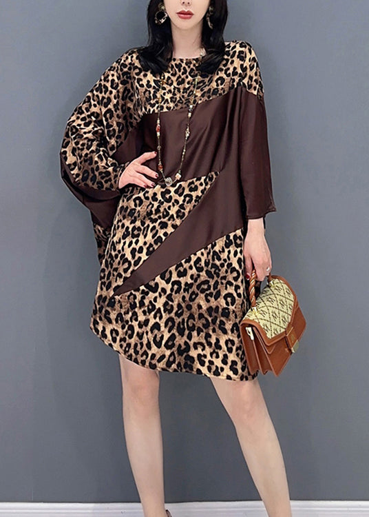 Beautiful Chocolate O-Neck Leopard Print Maxi Dresses Spring