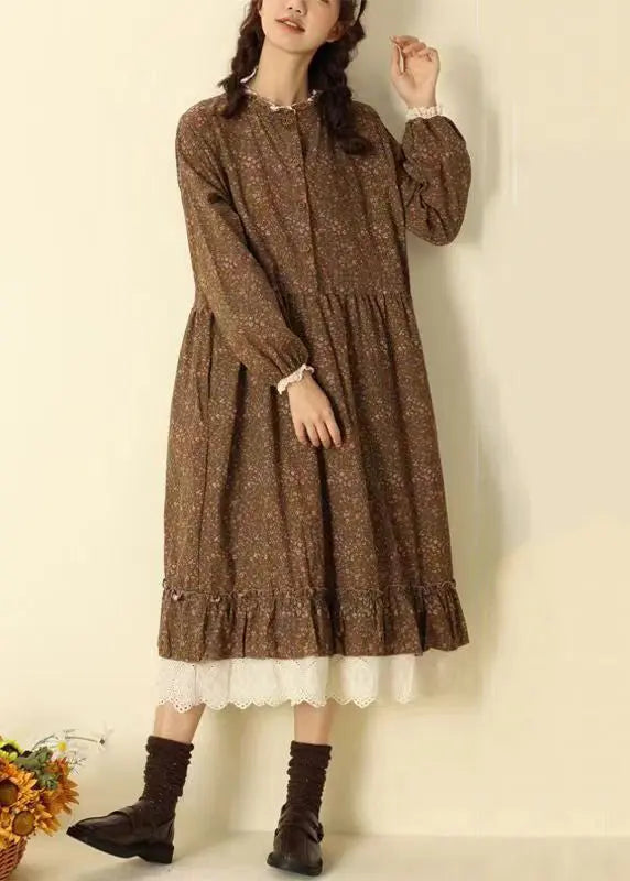 Beautiful Coffee Ruffled Print Pockets Patchwork Cotton Long Dresses Fall Ada Fashion