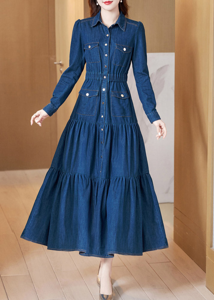 Beautiful Denim Blue Peter Pan Collar Patchwork Wrinkled Tunic Button Cotton Maxi Dresses Long Sleeve AC2023