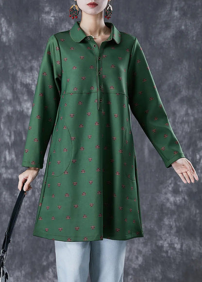 Beautiful Dull Green Peter Pan Collar Print Cotton Dress Fall Ada Fashion