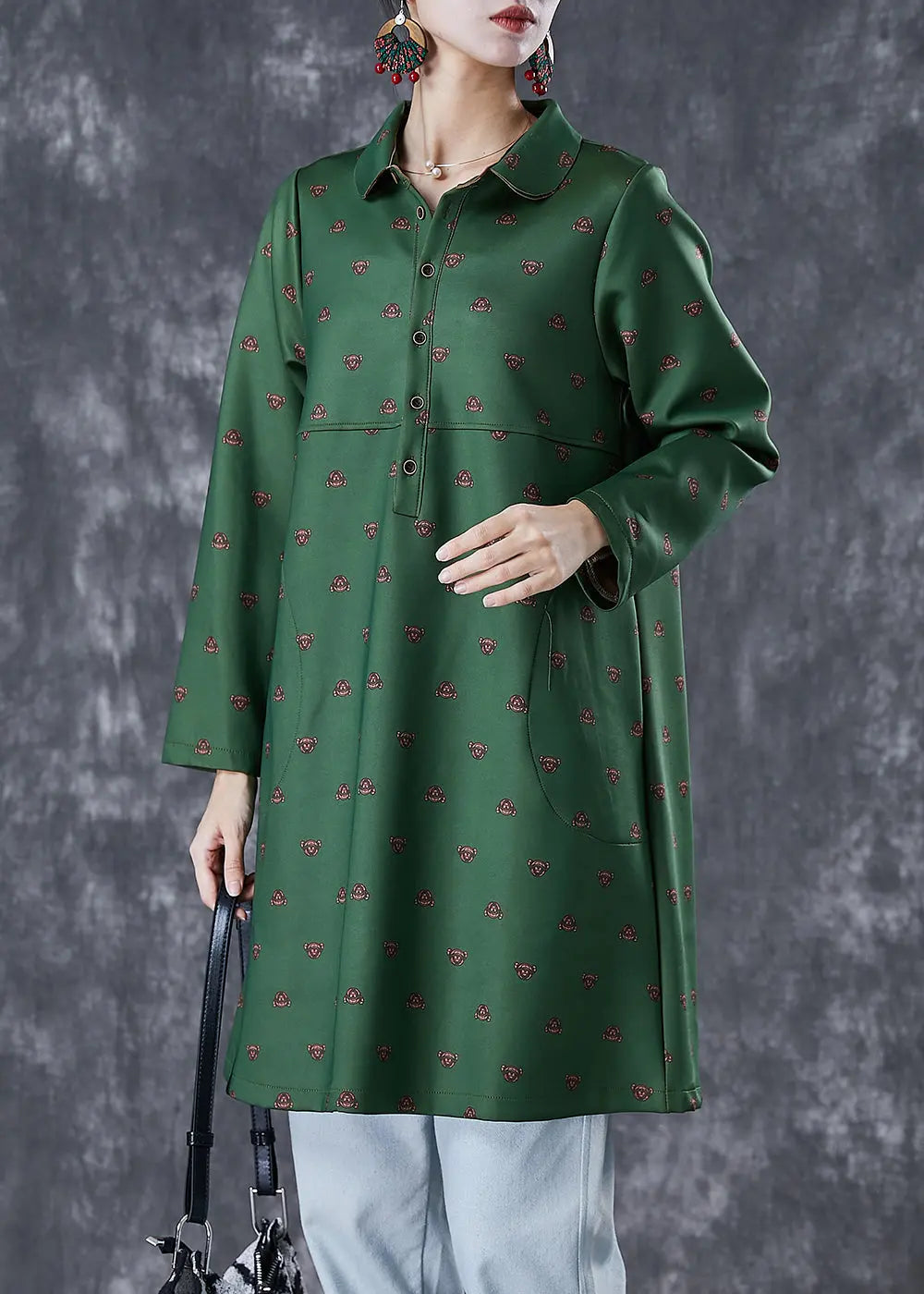 Beautiful Dull Green Peter Pan Collar Print Cotton Dress Fall Ada Fashion