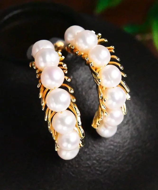 Beautiful Gold Sterling Silver Overgild Pearl Hoop Earrings Ada Fashion