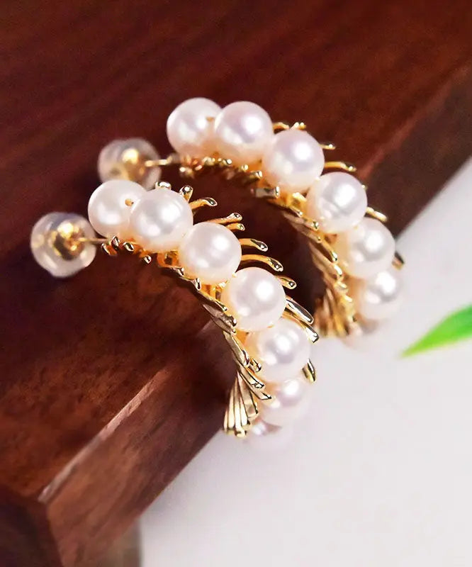 Beautiful Gold Sterling Silver Overgild Pearl Hoop Earrings Ada Fashion