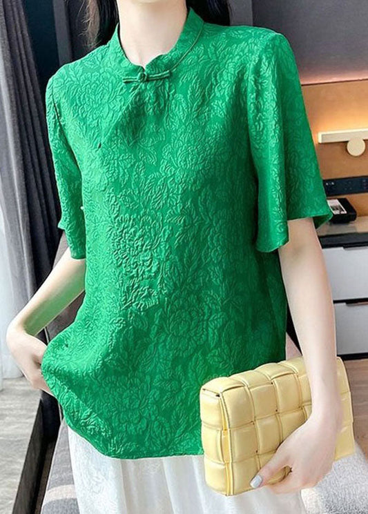Beautiful Green Chinese Button Jacquard Patchwork Silk Blouse Tops Short Sleeve LY4574