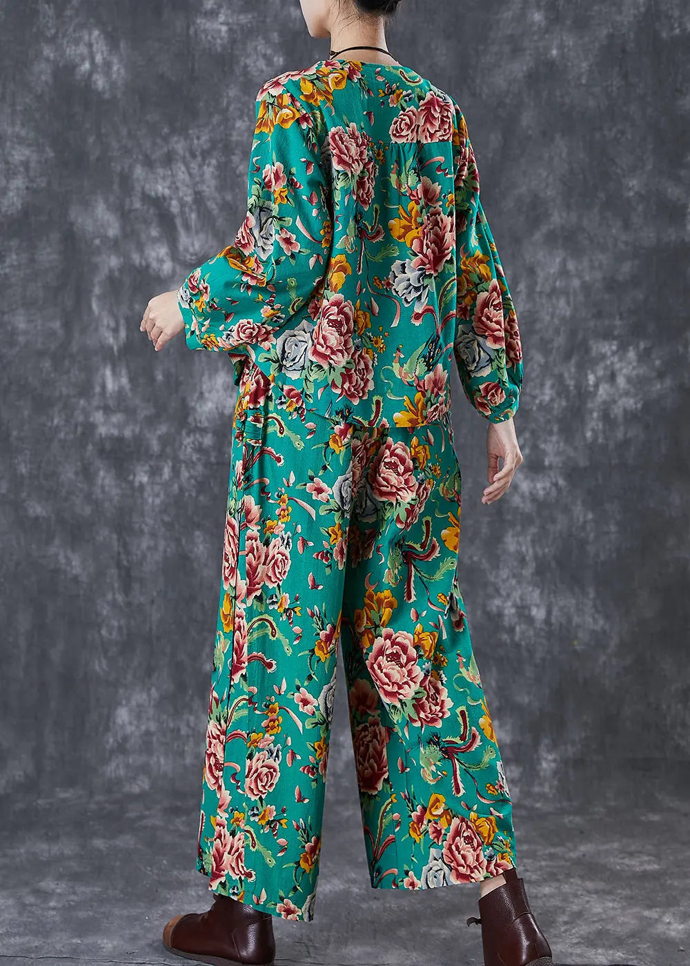 Beautiful Green Print Chinese Button Linen Two Piece Set Fall Ada Fashion