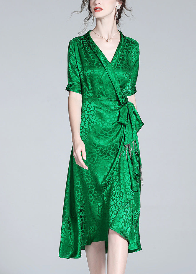 Beautiful Green V Neck Print Bow Tunic Maxi Dress Short Sleeve LY0966
