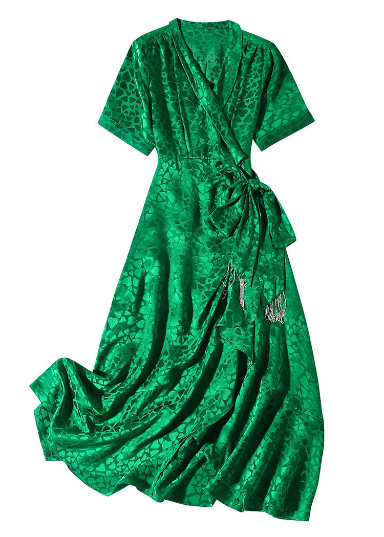 Beautiful Green V Neck Print Bow Tunic Maxi Dress Short Sleeve LY0966