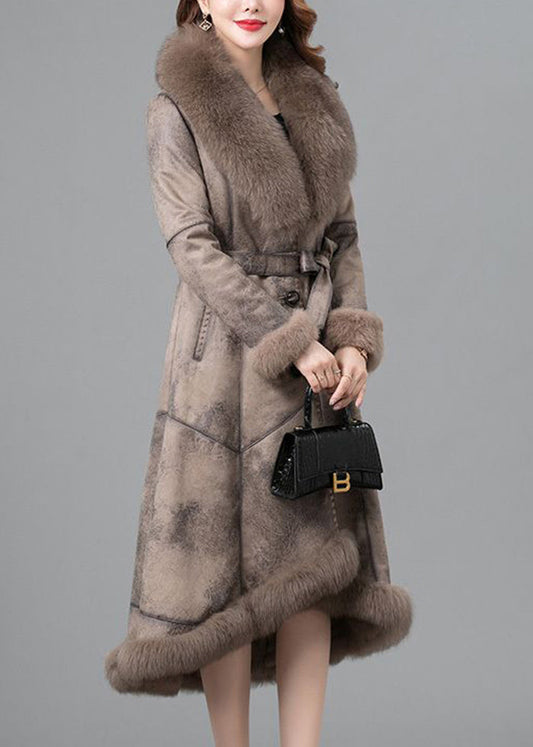 Beautiful Khaki Fox Collar Tie Waist Fuzzy Rabbit Leather And Fur Coats Winter Ada Fashion