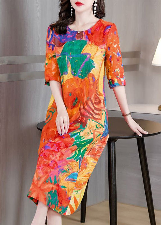 Beautiful Orange O Neck Print Patchwork Silk Dress Summer LY4618