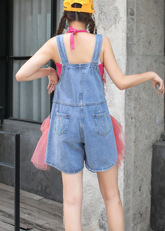 Beautiful Pink Slash Neck Organza Patchwork Tassel Denim Jumpsuit Summer LY6046