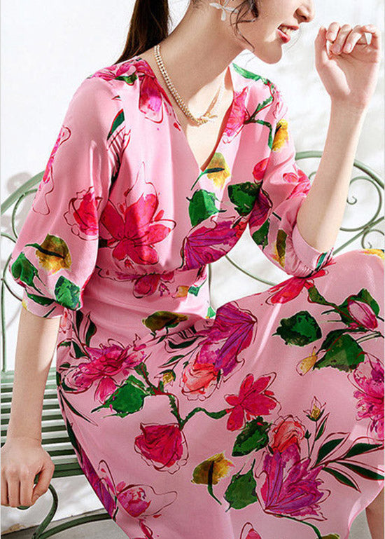 Beautiful Pink V Neck Print Tunic Chiffon Long Dresses Summer LY1519