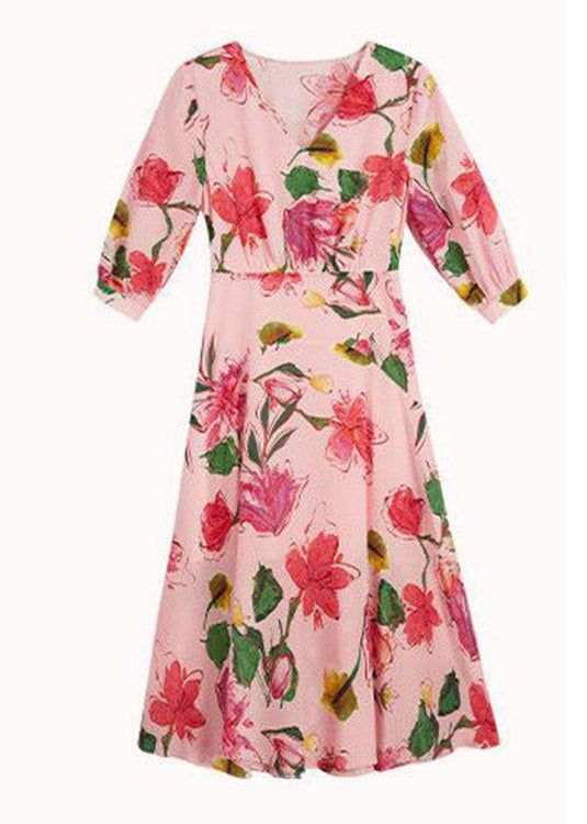 Beautiful Pink V Neck Print Tunic Chiffon Long Dresses Summer LY1519